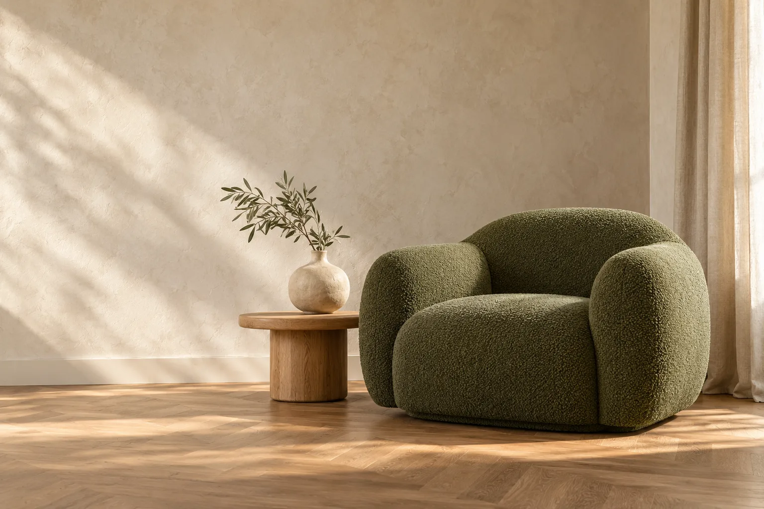 Sculptural olive armchair beside an oak table in a sunlit room