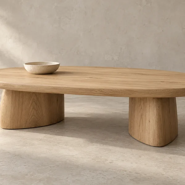 Low oval oak coffee table with sculptural timber legs